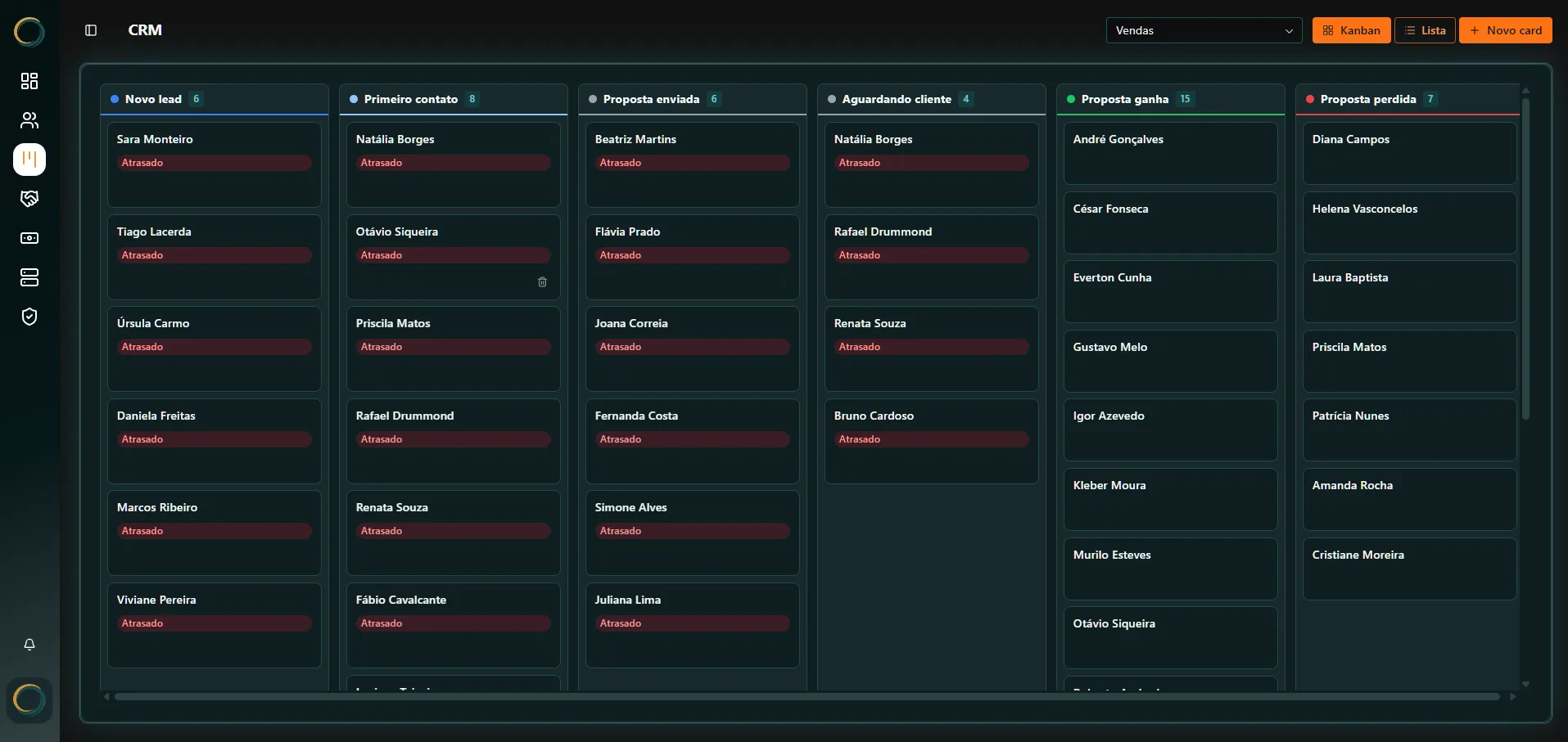 Tela de CRM/pipeline de vendas do Ozirion ERP